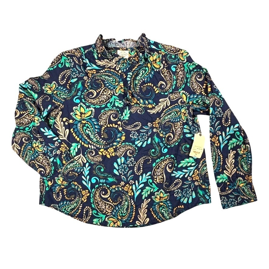 New Navy Paisley Ruffle Neck Blouse Long Sleeve Pm Coastal Soft Boho Corp Casual